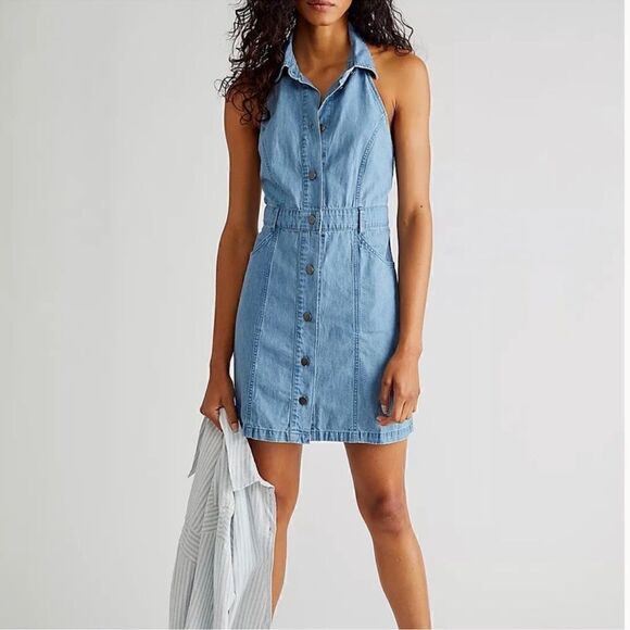 NWT Free People Sami Mini Dress Denim Blue Dress Halter Open Back Button Down L - Picture 7 of 11